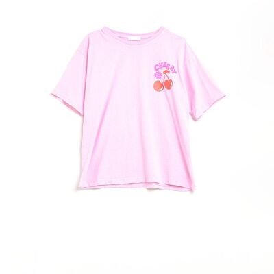 T-shirt rose avec cerise en logo et lettres
