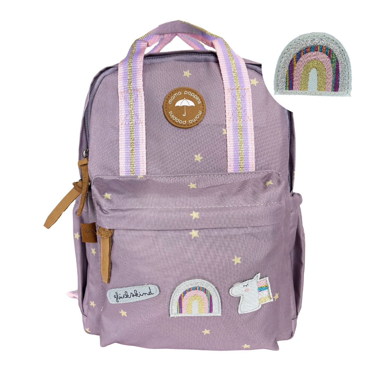 Kindergarten backpack for ages 3 and up | Purple with "Lucky Child", unicorn patch, and glitter embroidery
