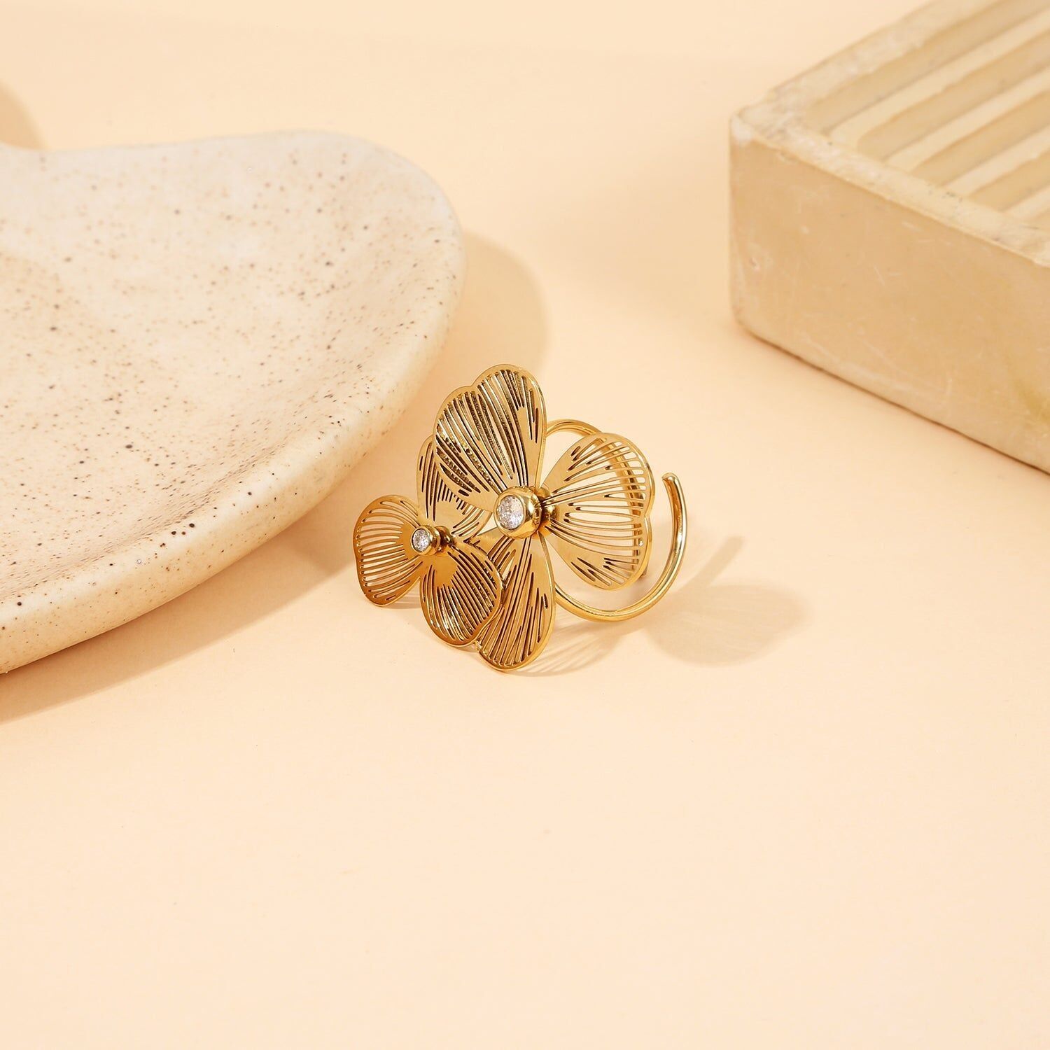 Anello regolabile in oro Duo Floréal con strass