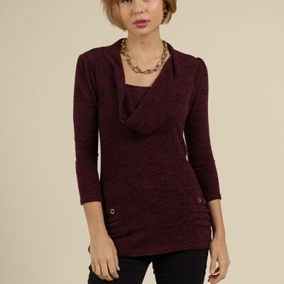 Maglione caldo in maglia bordeaux con collo a cappuccio e tasche con occhielli