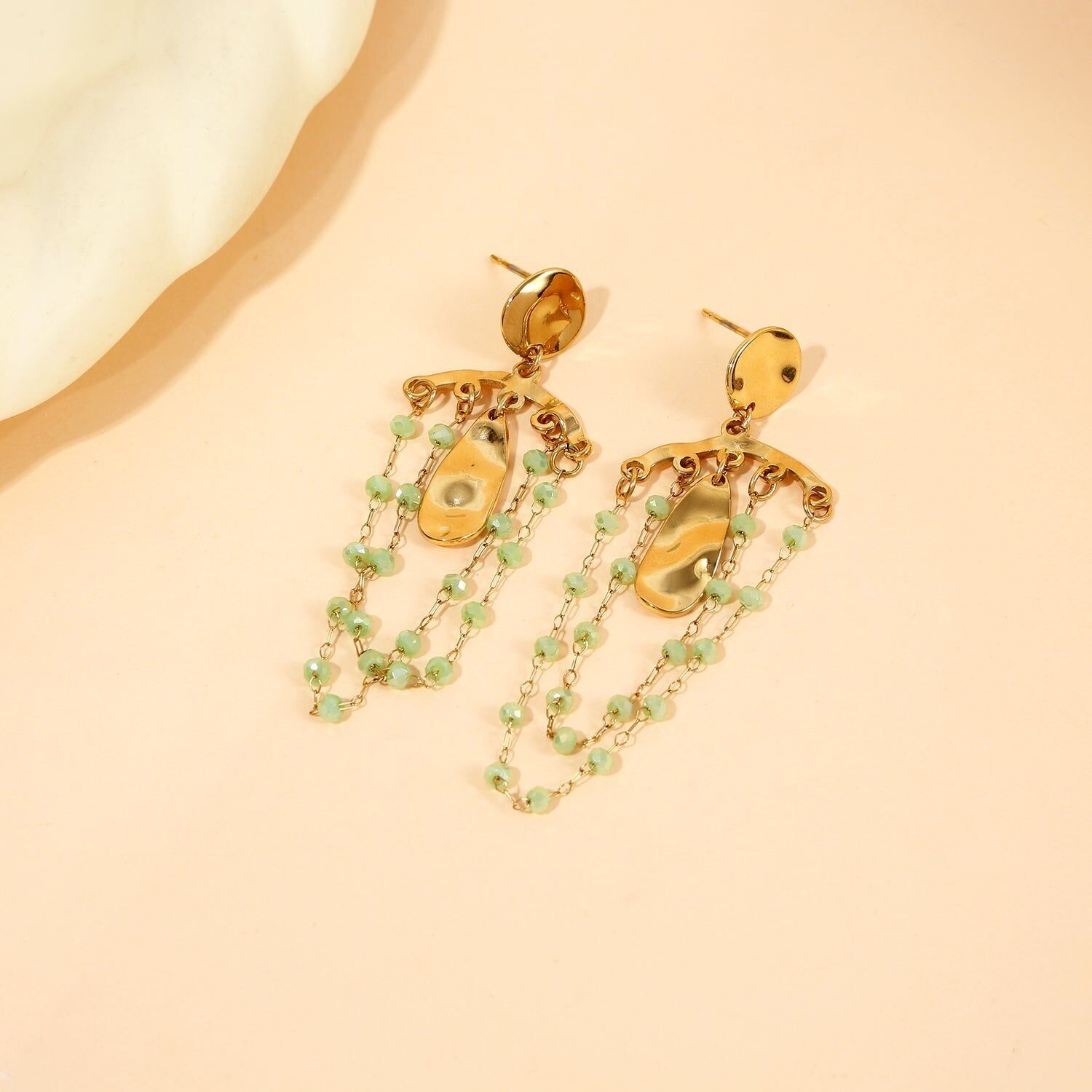 Hammered Gold Drop Earrings with Green Pearl Chains