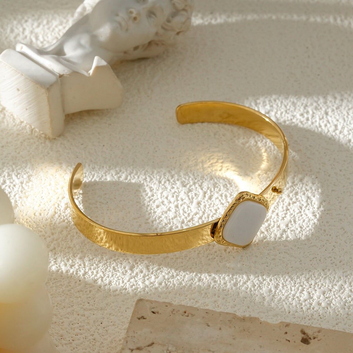 Smooth Gold Cuff Bracelet with Square White Stone