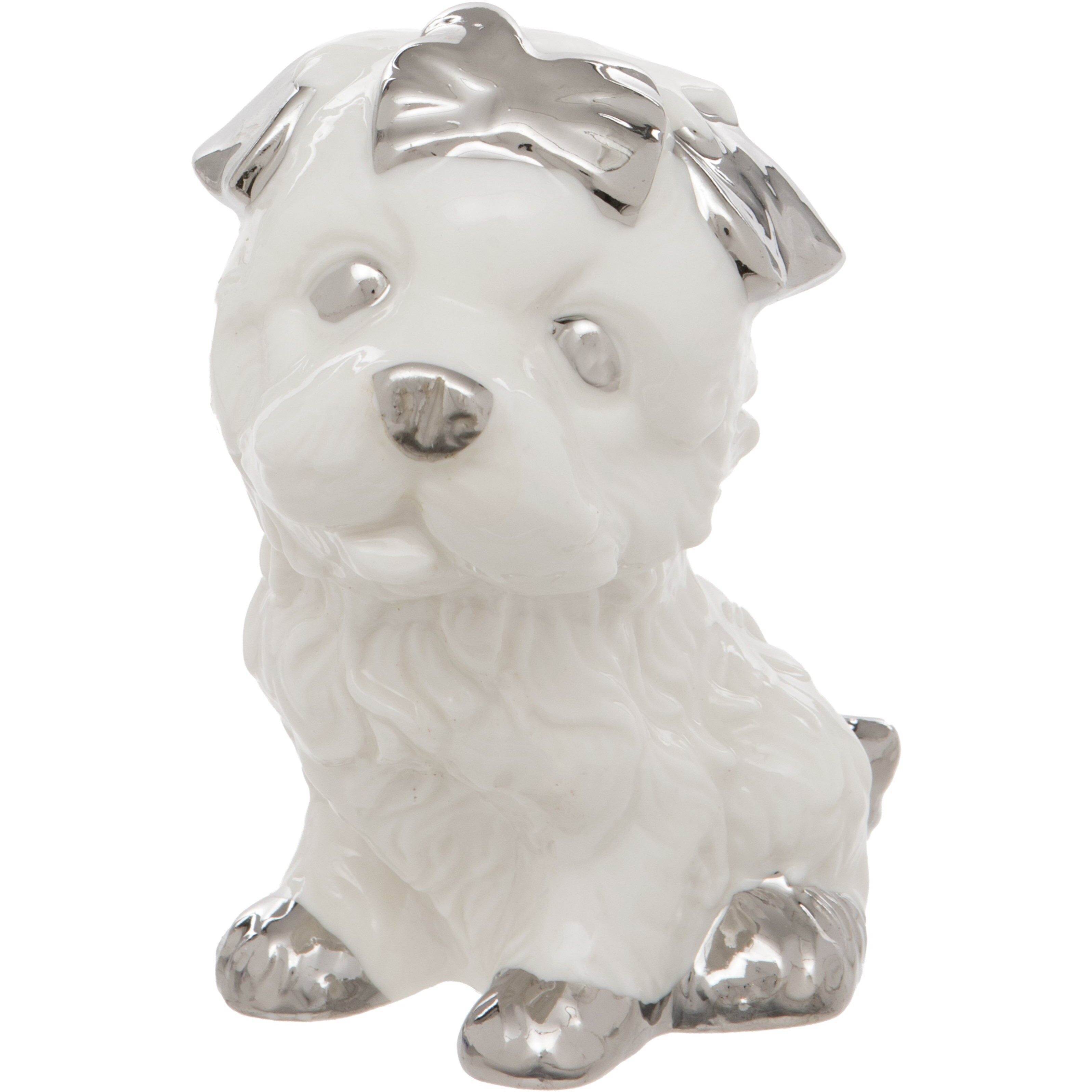 Figurina di cane in ceramica bianca con fiocco argentato