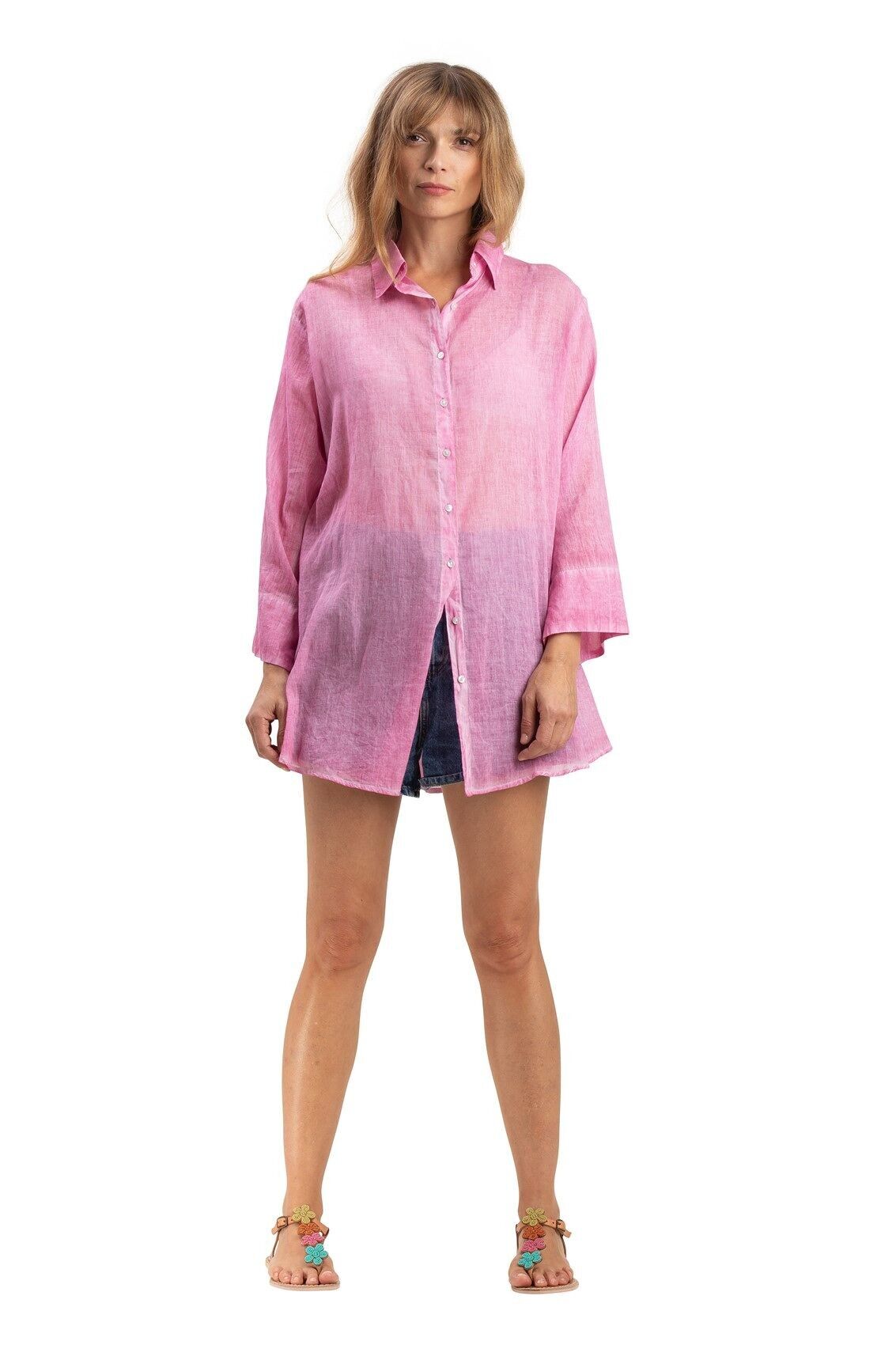 Camicia ampia lavata "Rose maracas", abbottonatura anteriore/posteriore finta, orlo dritto