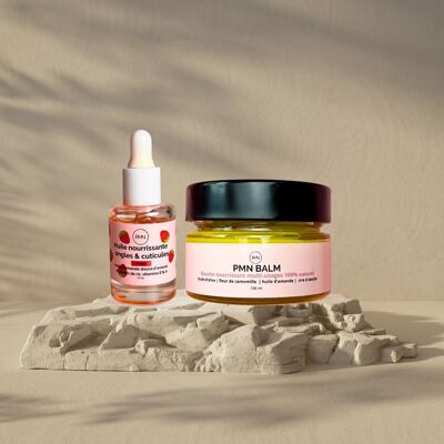 Duo per la cura delle unghie e della pelle - Olio nutriente per unghie e cuticole alla fragola (10 ml) + balsamo PMN (100 ml)