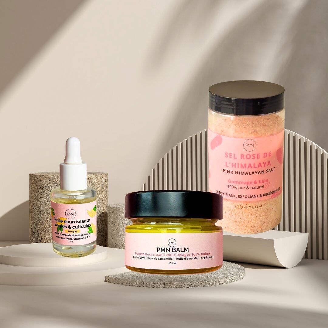 Trio per la cura delle unghie e della pelle: olio nutriente per unghie e cuticole al mango (10 ml) + balsamo PMN (100 ml) + sale rosa dell'Himalaya (400 ml)