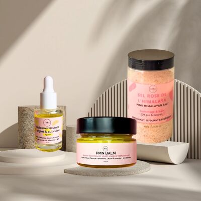 Trio nail & skin care - huile nourrissante ongles & cuticules agrumes (10ml) + PMN Balm (100ml) + Sel rose de l'Himalaya (400 ml)