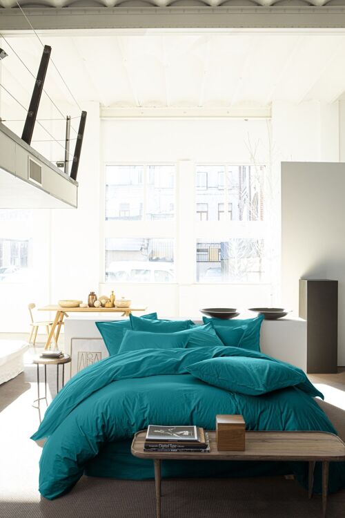 Housse De Couette 240x220 100% Percale De Coton Lavé Bleu Canard
