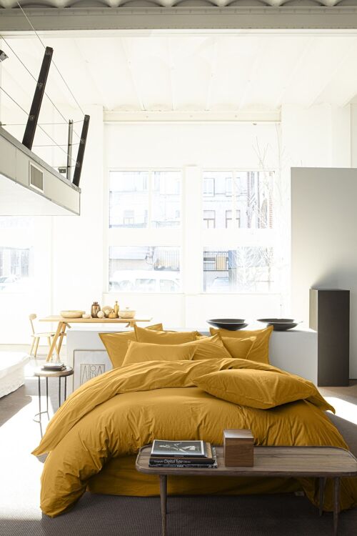 Housse De Couette 260x240 100% Percale De Coton Lavé 80fils/cm² - Finition Bouteille 40cm - Jaune Moutarde