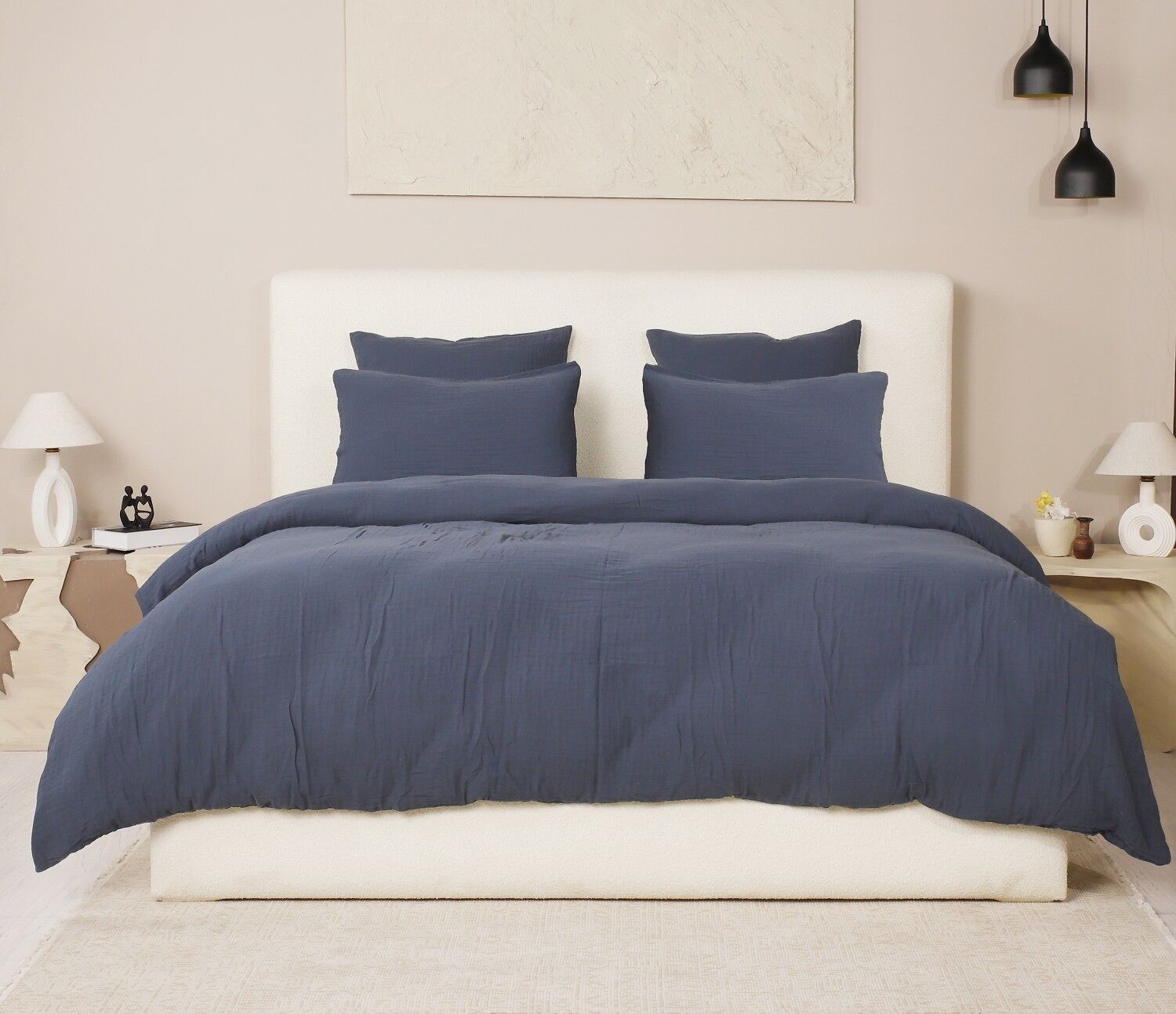 Set copripiumino 3 pezzi 260x240 100% cotone lavato garza blu petrolio