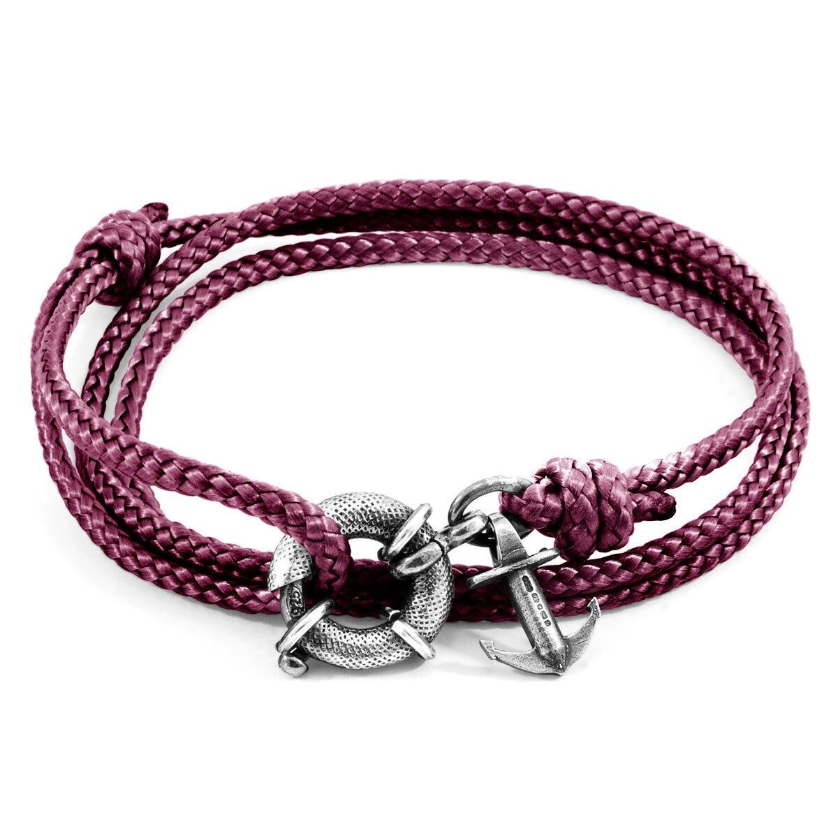 Bracciale Clyde Anchor in argento e corda viola melanzana