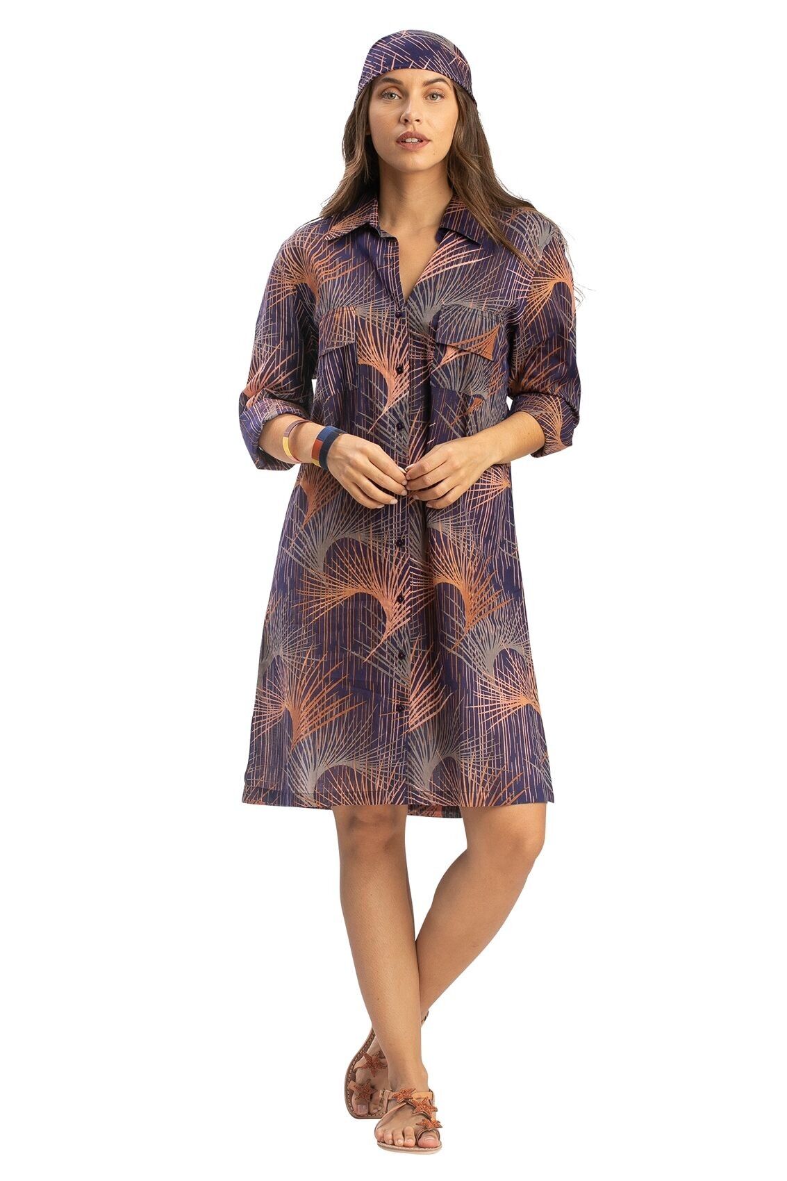 Abito/camicia "Ochre Palms", abbottonato, 2 tasche sul petto, cotone (S, M, L, XL)