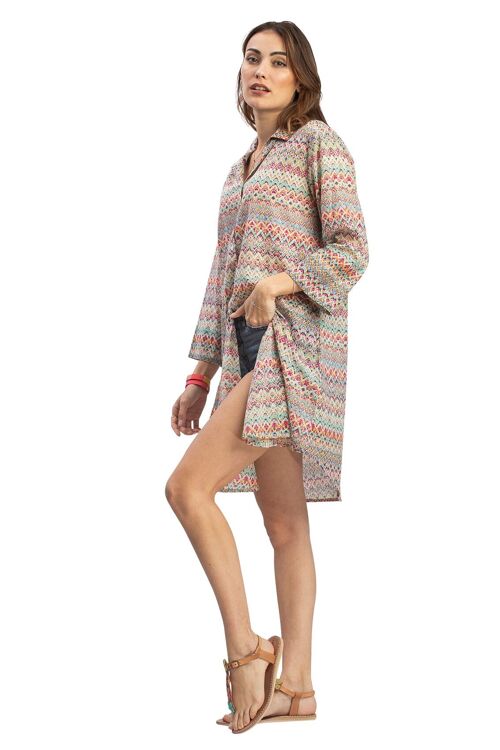 Chemise longue "Zig Zag", boutonnée, base arrondie,2poches (S-M-L-XL)