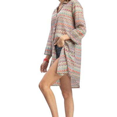 Chemise longue "Zig Zag", boutonnée, base arrondie,2poches (S-M-L-XL)