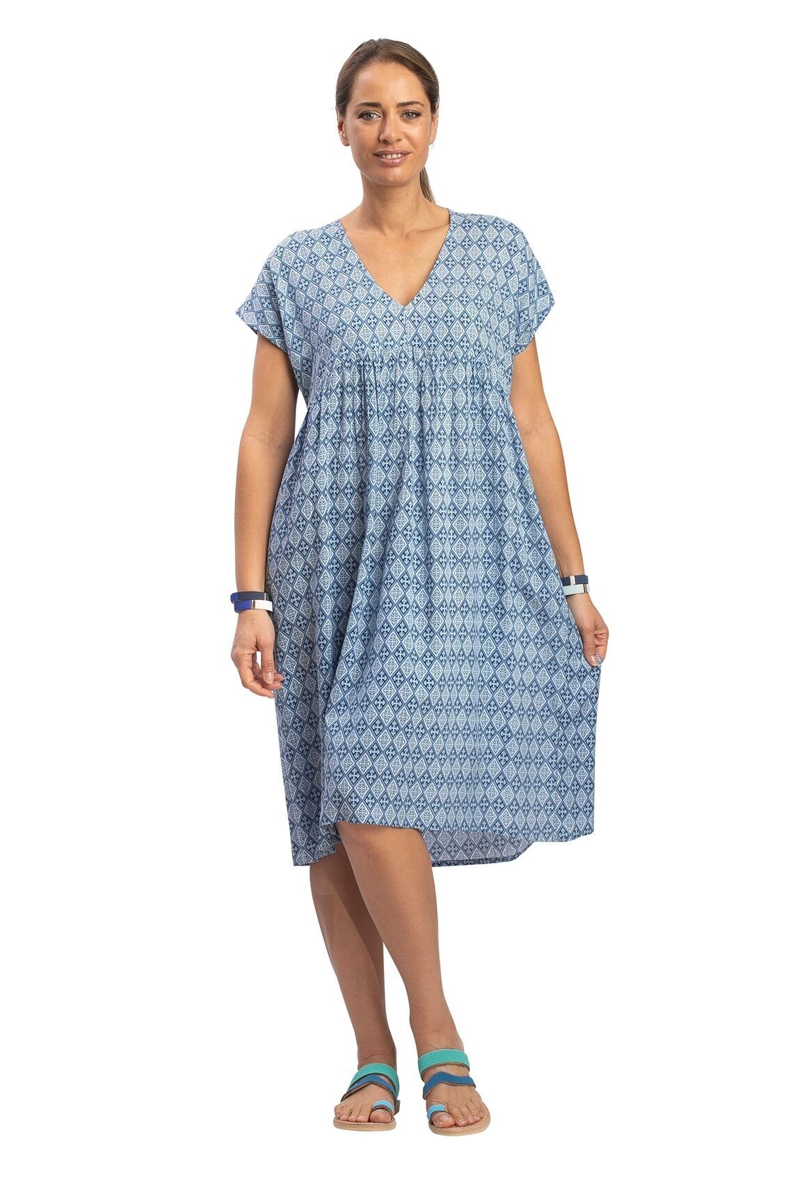 Abito lungo e ampio "Navy Provence", scollo a V, arricciato, petto arricciato, viscosa