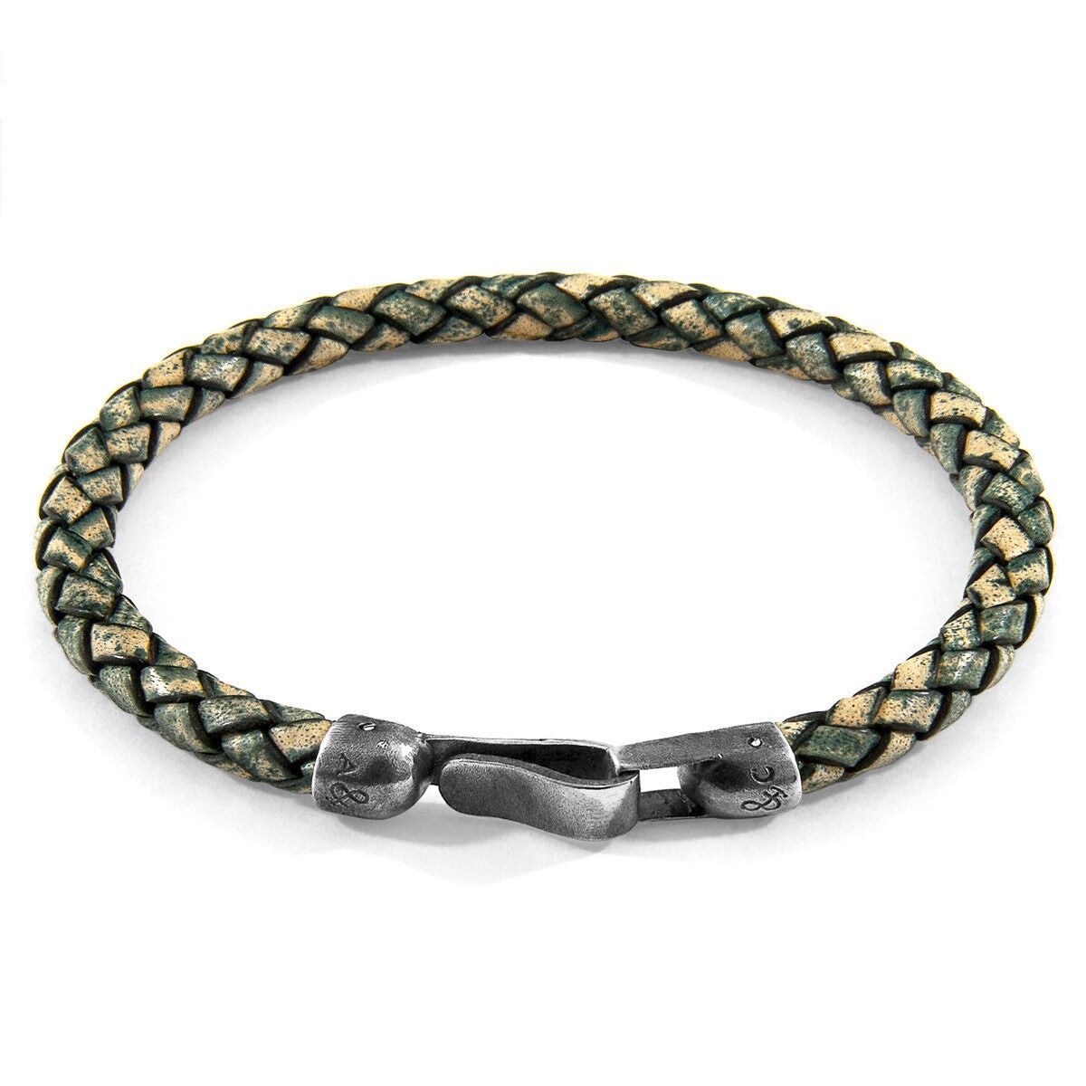 Bracciale Skye in argento e pelle intrecciata verde petrolio