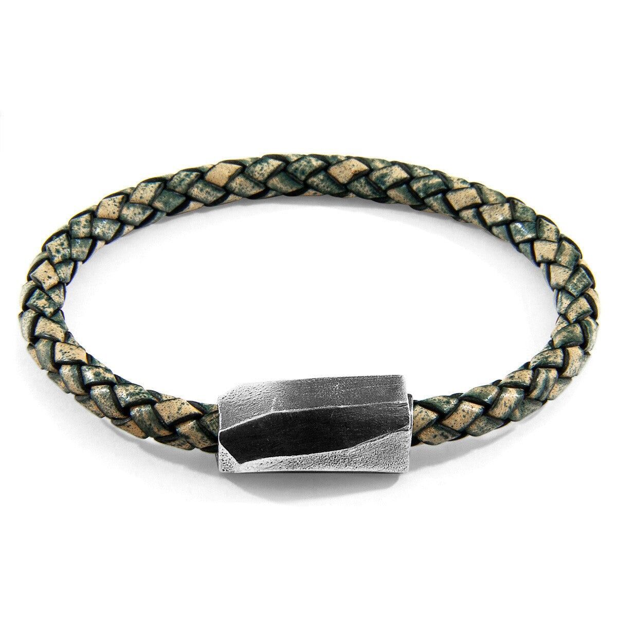Bracciale Hayling in argento e pelle intrecciata verde petrolio