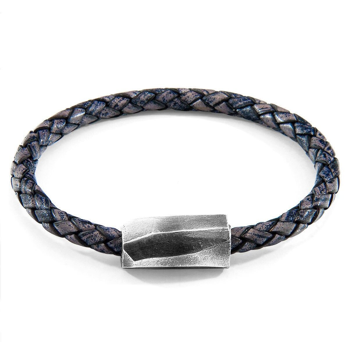 Bracciale Hayling in argento e pelle intrecciata blu indaco