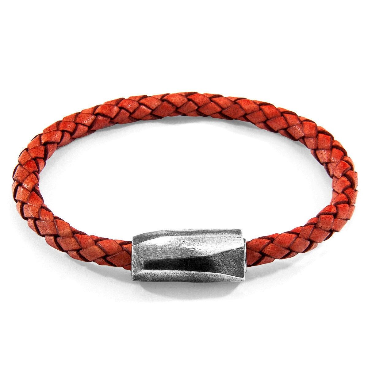 Bracciale Hayling in argento e pelle intrecciata rosso ambra