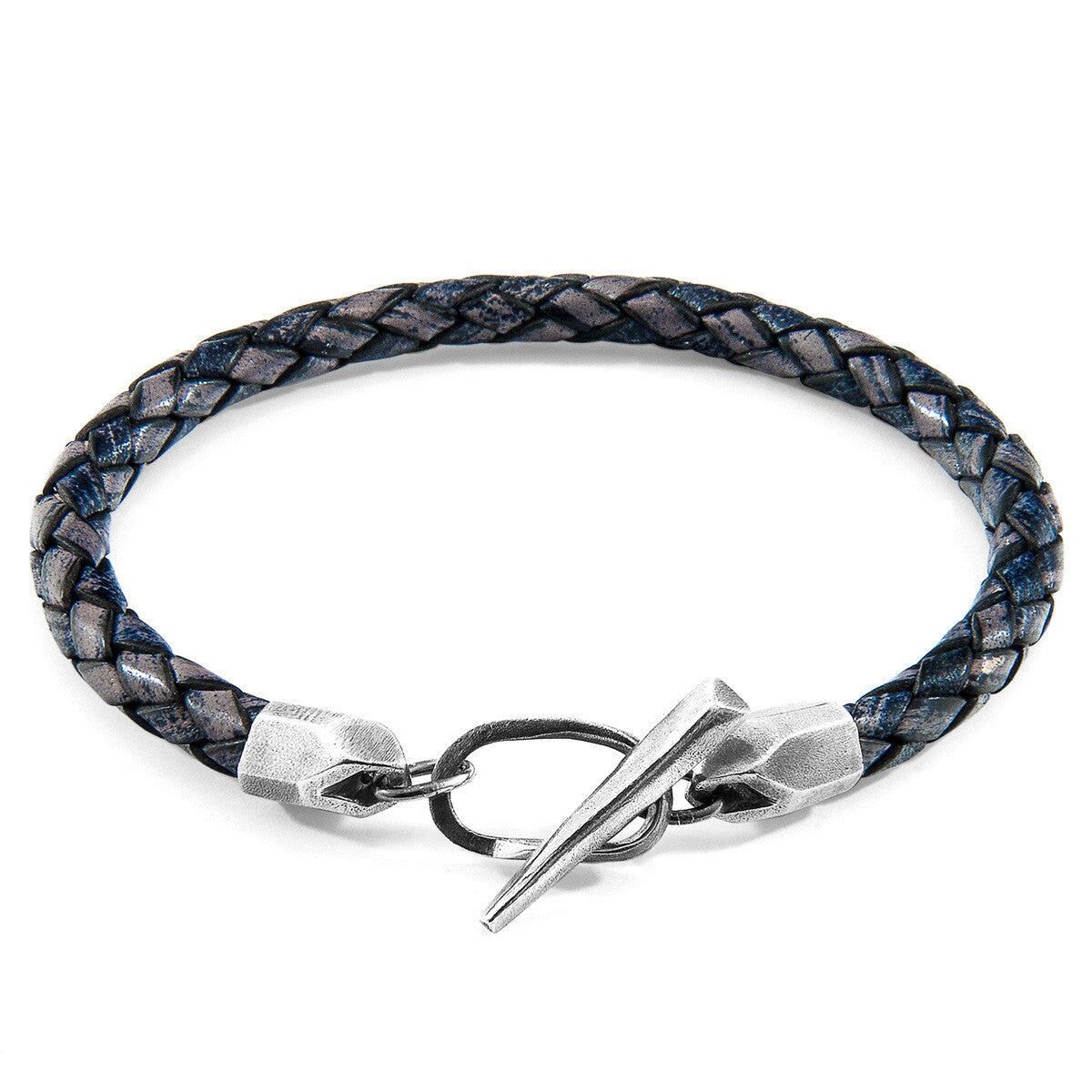 Bracciale in argento e pelle intrecciata blu indaco Jura