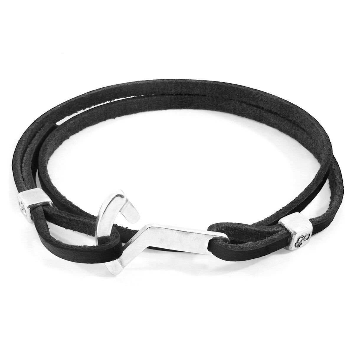 Bracciale in pelle piatta e argento con ancora Flyak nero carbone