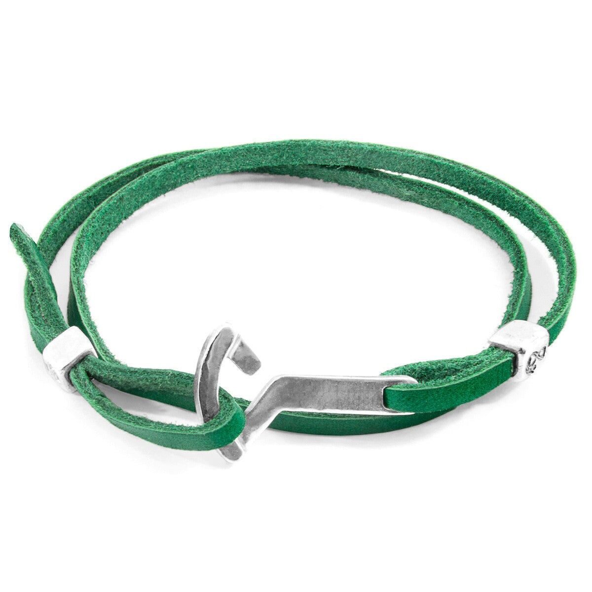 Bracciale in argento e pelle piatta con ancora Flyak verde felce