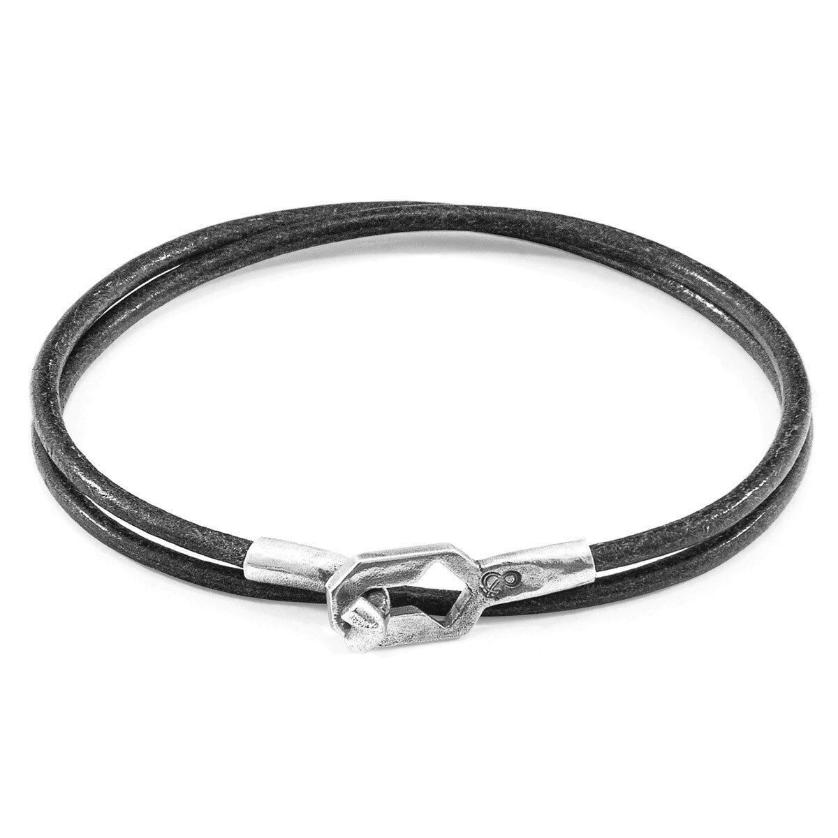 Bracciale in argento e pelle rotonda Shadow Grey Tenby