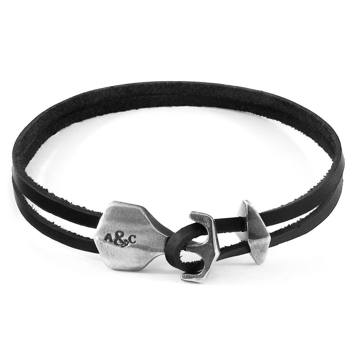 Bracciale in argento e pelle piatta con ancora Delta nero carbone
