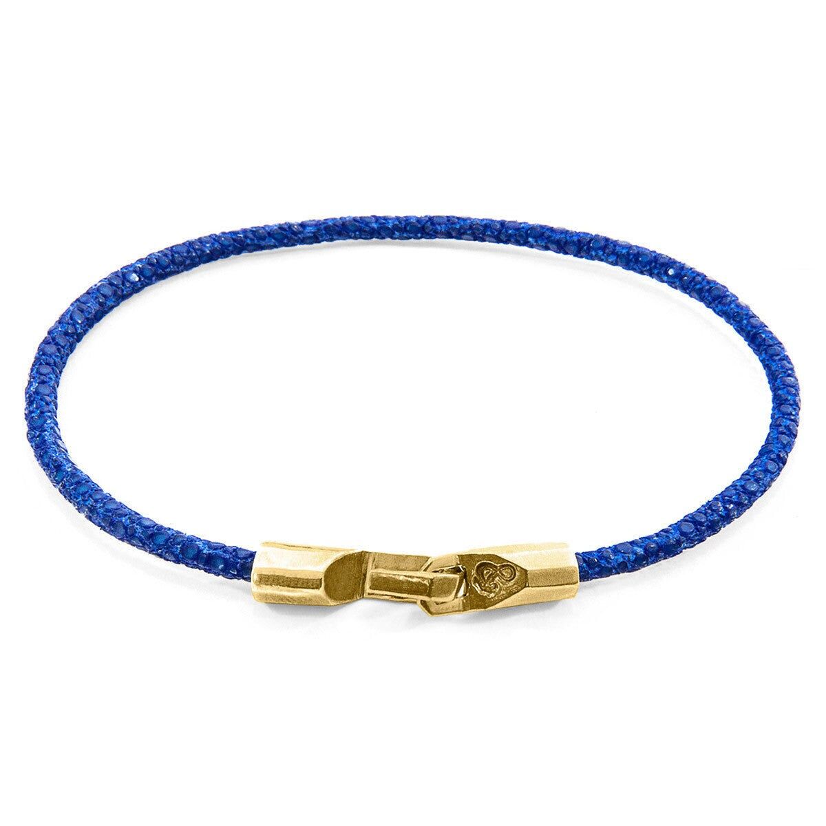 Bracciale Talbot in oro giallo 9 carati e pelle di razza blu azzurro