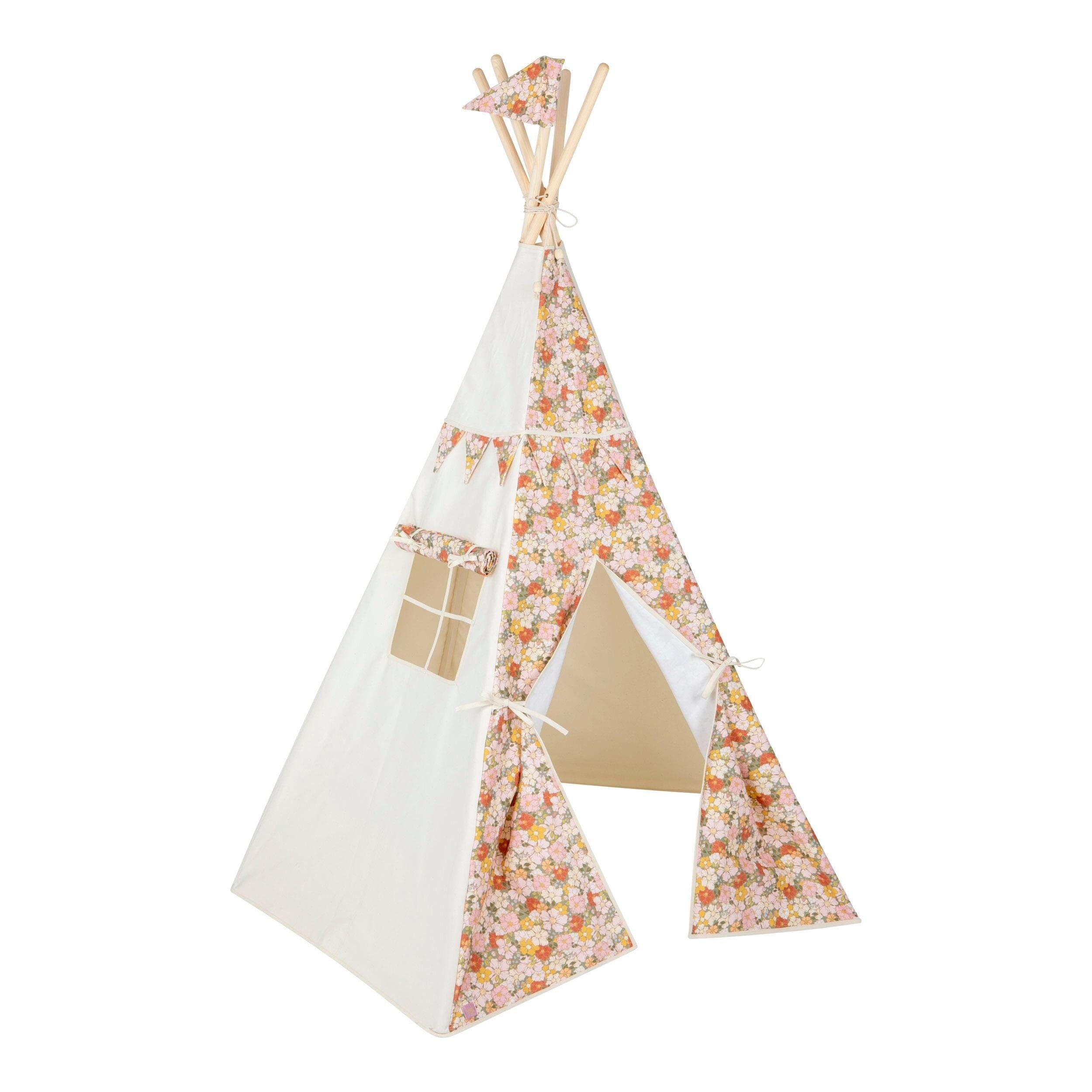 Cotton teepee tent for girls with flowers print “Green garden”  floral and stylish tent, birthday gift idea for girl, spring home decoration
