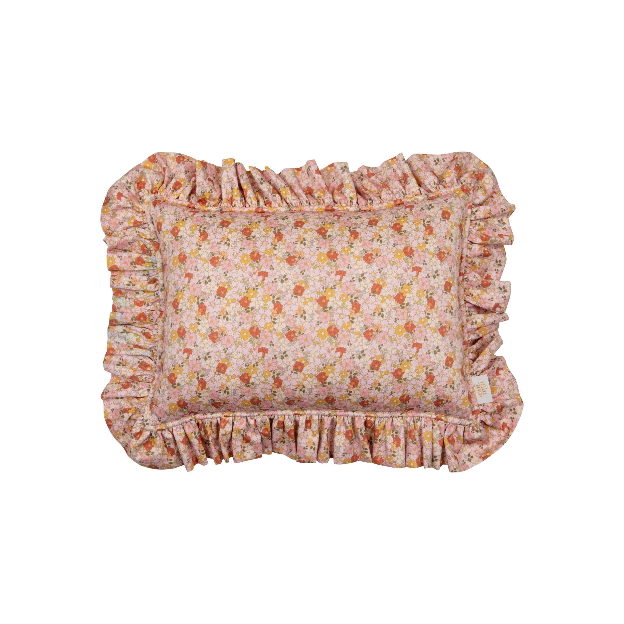 Decorative pillow with frill "spring garden", floral motive for bedroom, cushion with yellow ruffle, retro style gift for her, easter decor