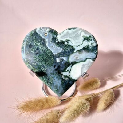 Gemma grande agata muschiata Druzy a forma di cuore su supporto in metallo – #76 185 grammi