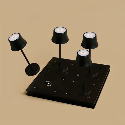 Ensemble combiné – 4 mini lampes de table rechargeables De Pijp Midnight Black et 1 station de charge sans fil Amstel avec technologie Qi – Idéal pour les restaurants, l'hôtellerie et les hôtels