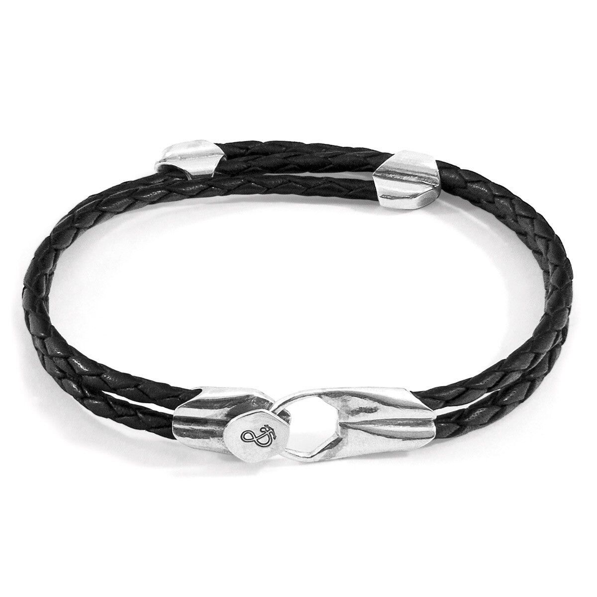 Bracciale in argento e pelle intrecciata Conway Coal Black