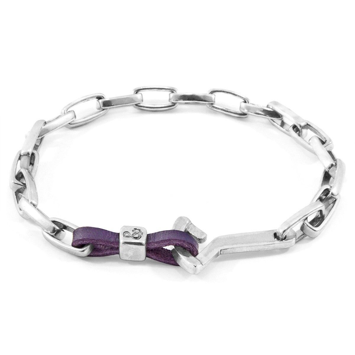 Bracciale in pelle piatta e argento con ancora fregata viola uva