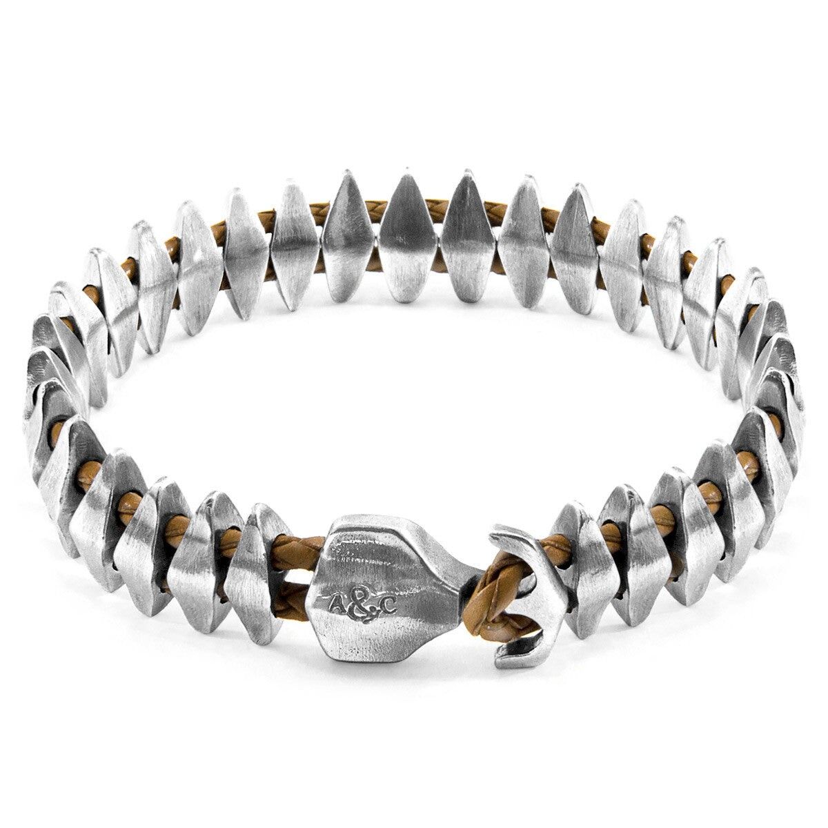 Hellbraunes Delta Anchor Maxi-Armband aus Silber und geflochtenem Leder