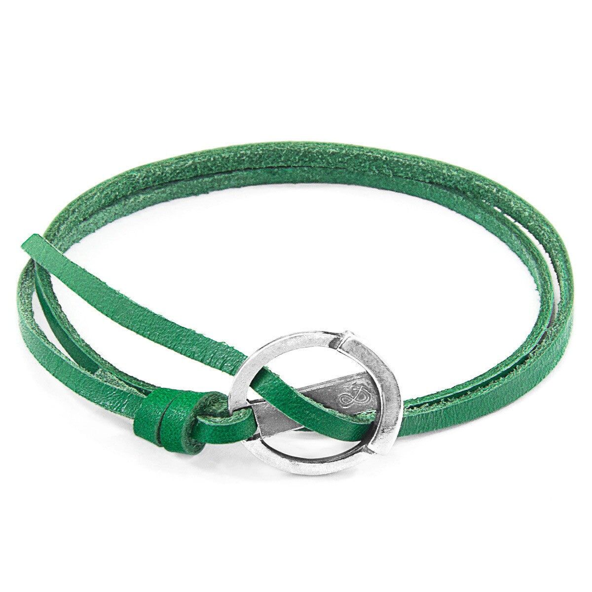 Bracciale in argento e pelle piatta con ancora Ketch verde felce