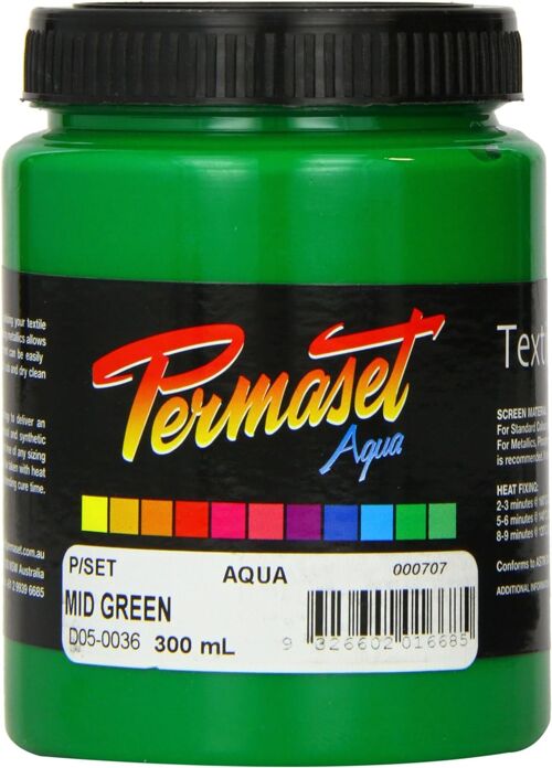 Permaset Aqua Standard 300ml Mid Green Ink - Screen Printing Ink for Fabric - Ideal Screen Printing Kit for Home Office, Starter Kit, Fabric Paint, Screen Printer and other Fabric Ink
