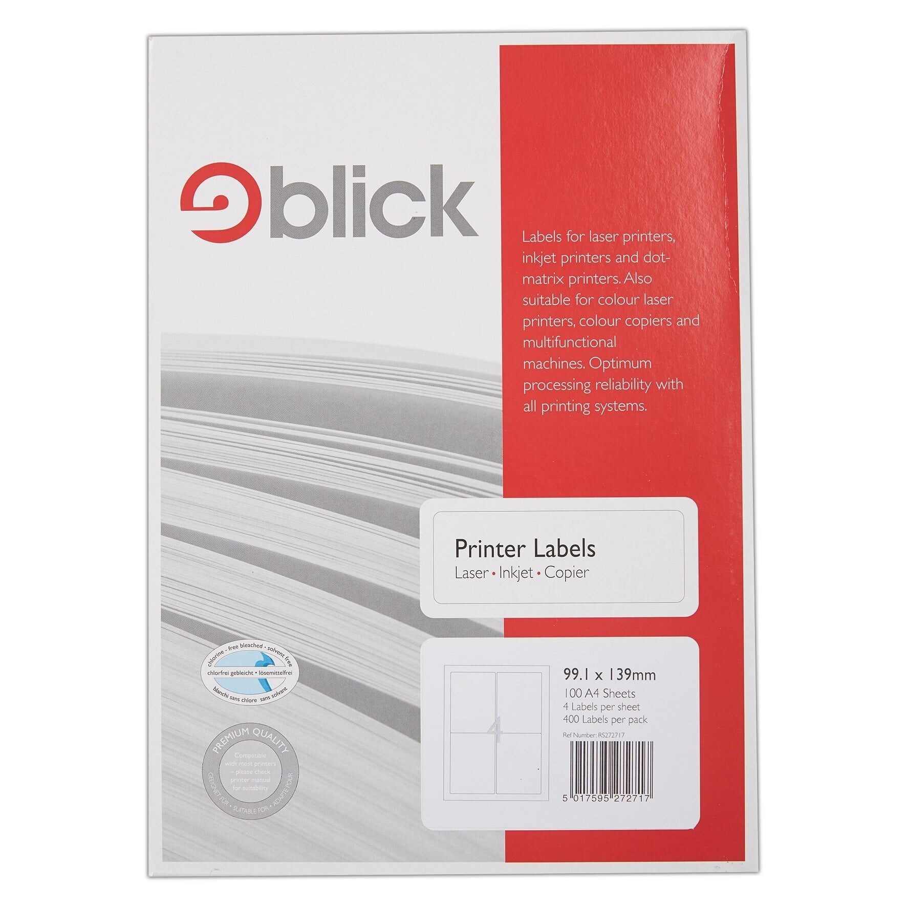Étiquettes Blick, blanches, 4 par feuille 100 feuilles, rectangulaires, 99.1 mm x 139 mm, 400 étiquettes, pour la maison, le bureau, la famille et l'école