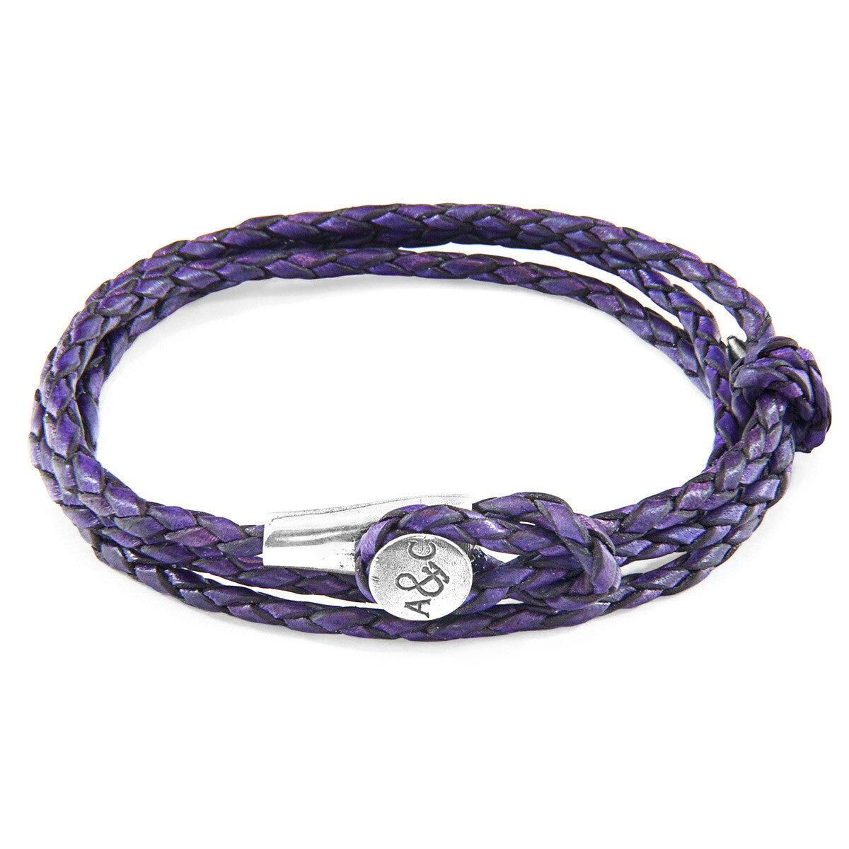 Bracciale Dundee in argento e pelle intrecciata viola uva