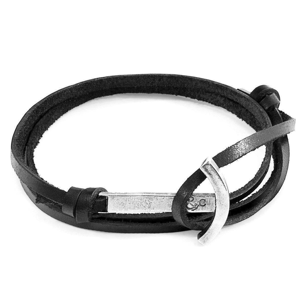 Bracciale in pelle piatta e argento con ancora Clipper nero carbone