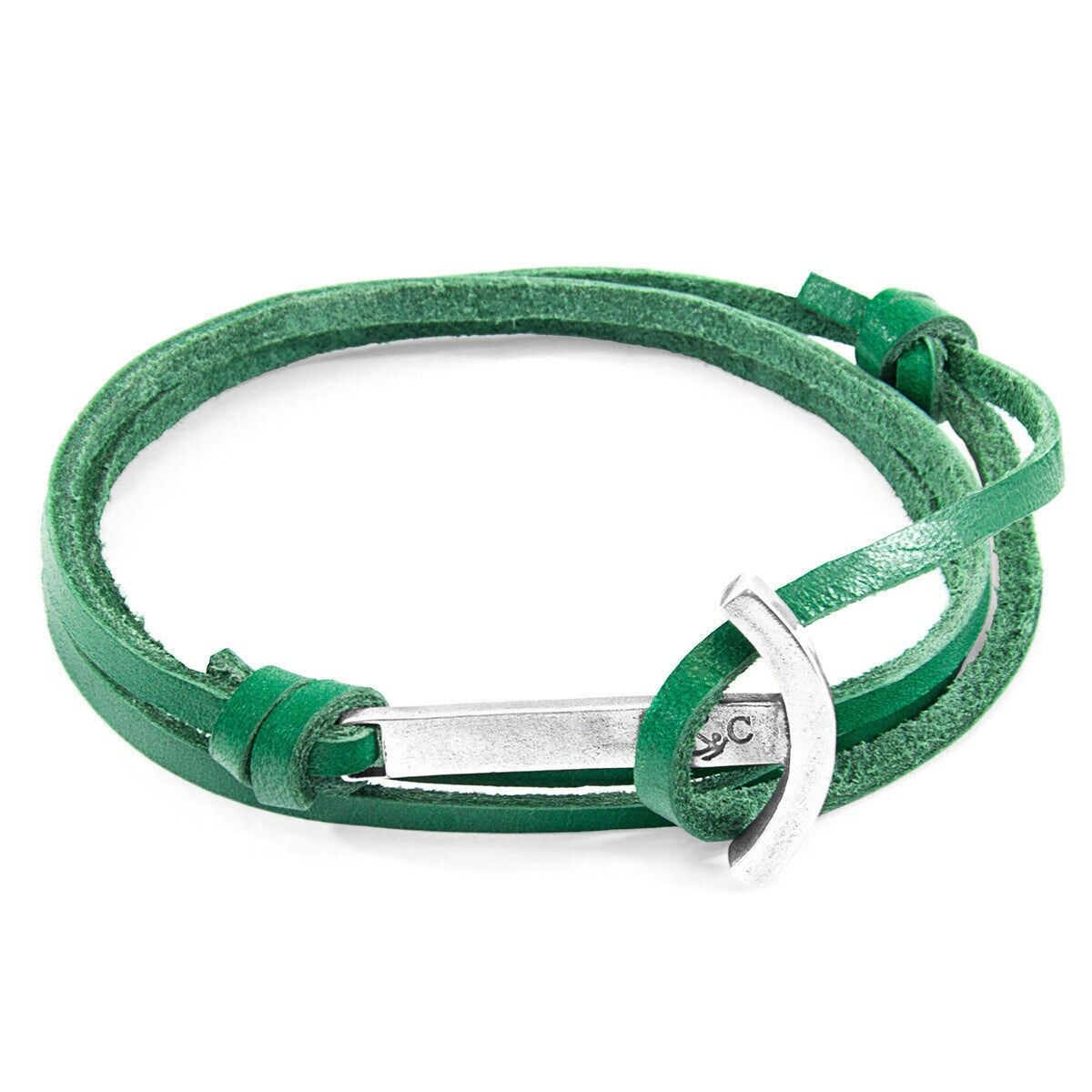 Bracciale in argento e pelle piatta con ancora Clipper verde felce