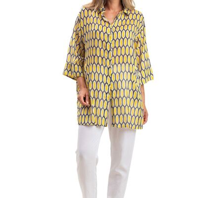Camisa holgada "Hacienda Soleil Cancún" con botones delanteros y falsos en la espalda, dobladillo recto,