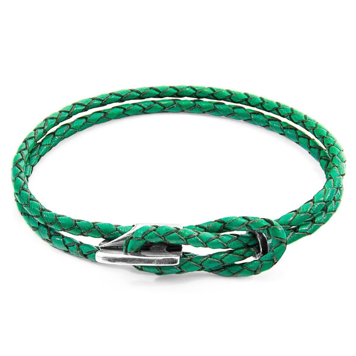 Bracciale Padstow in argento e pelle intrecciata verde felce