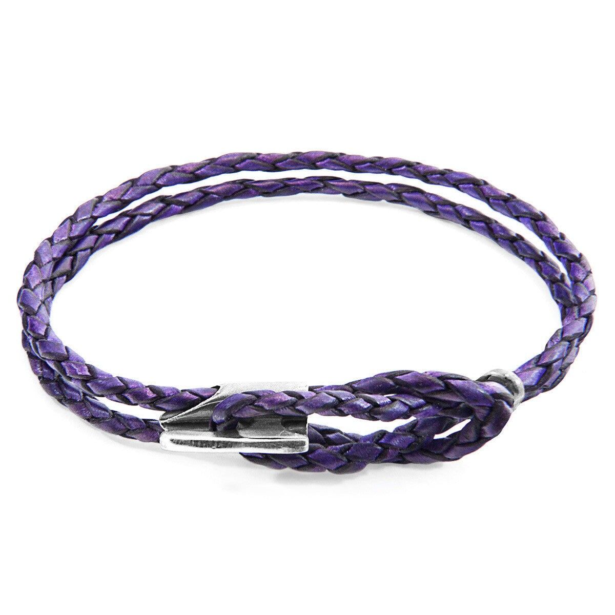Bracciale Padstow in argento e pelle intrecciata viola uva