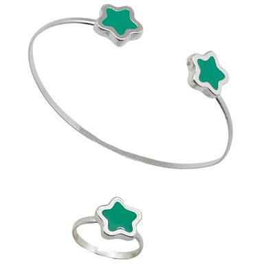 Ensemble bracelet et bague en argent 10µ vert avec fleurs colorées