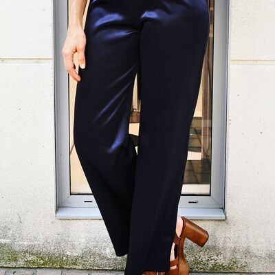 Pantalon marine taille haute en satin