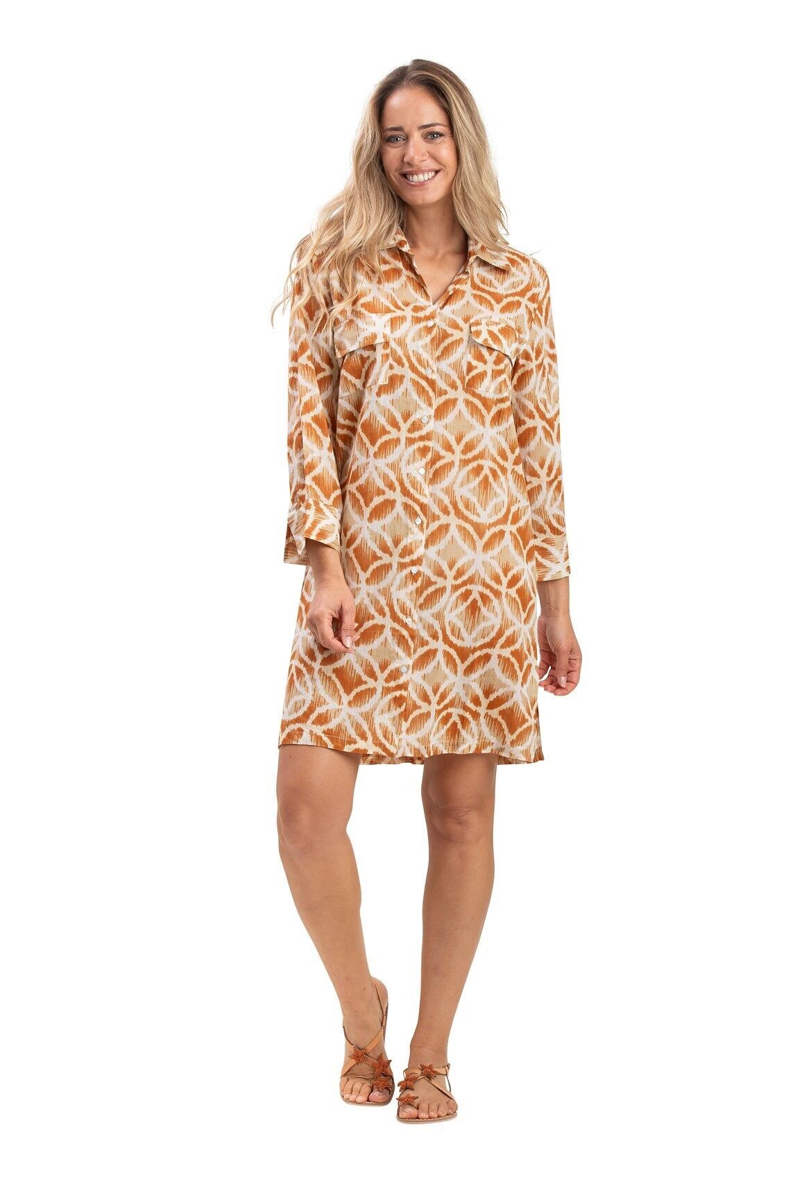 Abito/camicia "Pecan Brown Rosettes", abbottonato, 2 tasche sul petto, cotone SMLXL