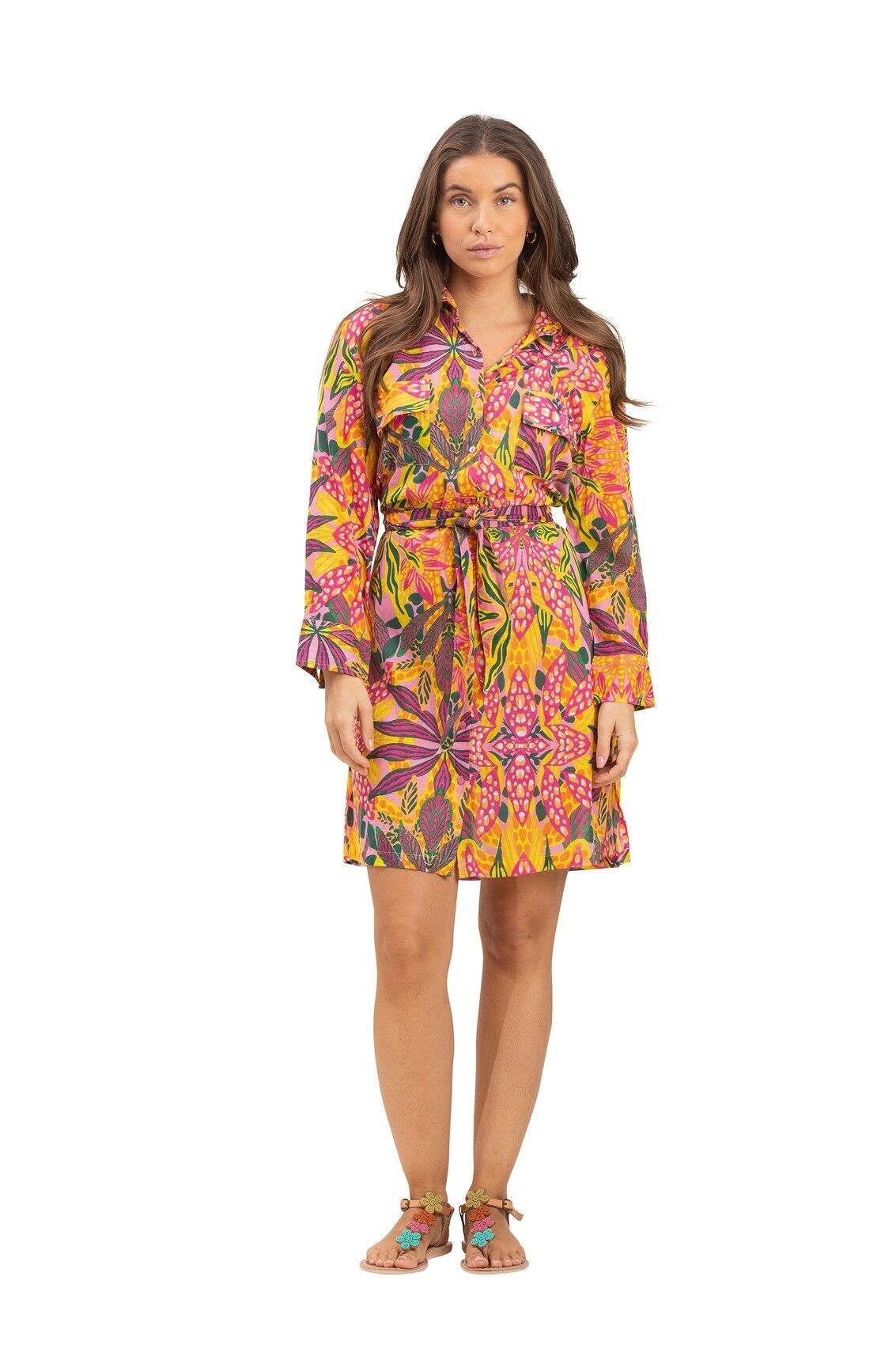 Robe/chemise "Multico rose vert", boutonnée, 2 poches poitrine, coton SMLXL