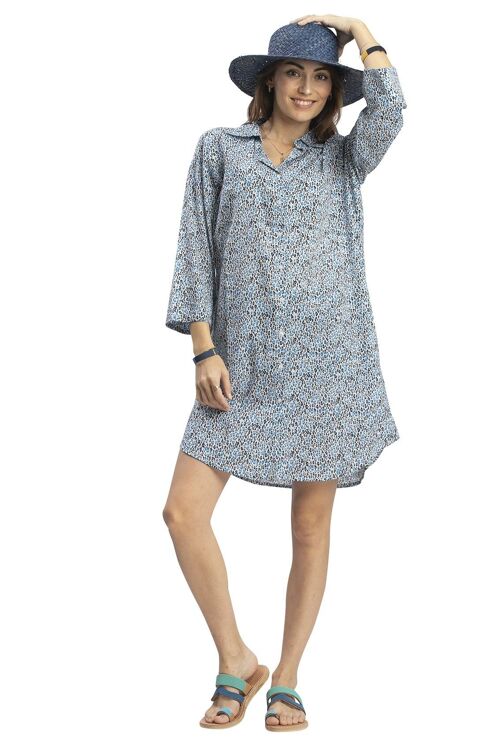 Chemise longue "Leopard bleu", boutonnée, base arrondie,2poches (S-M-L-XL)